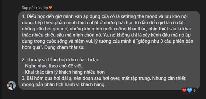 Tin nhắn học viên chia sẻ kết quả sau khóa Growth Mentor