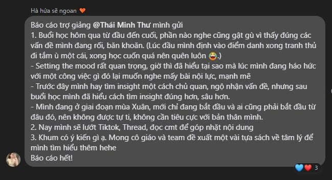 Tin nhắn học viên chia sẻ kết quả sau khóa Growth Mentor